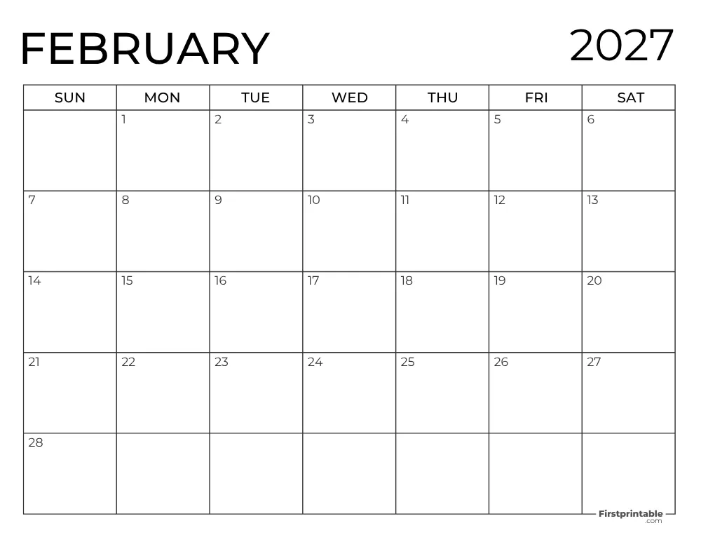 Printable February 2027 Calendar