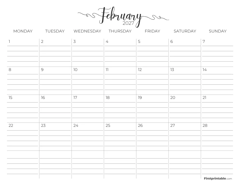 Printable February Calendar 2027 Monday Start Template 26