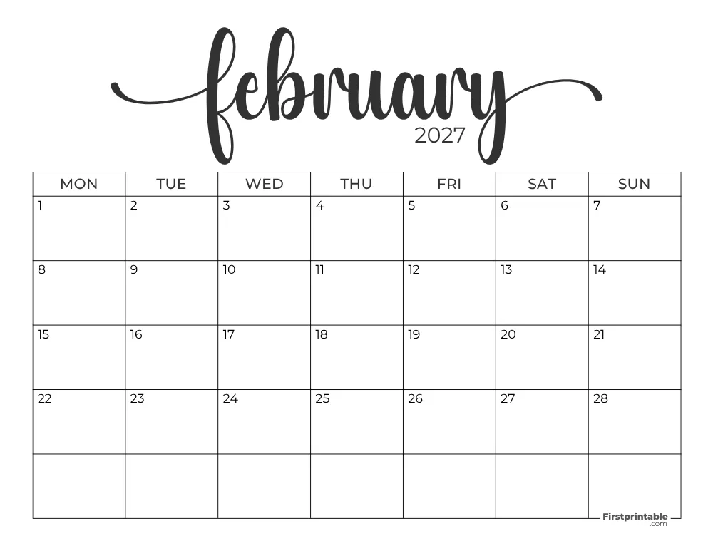 Printable February Calendar 2027 Monday Start Template 28