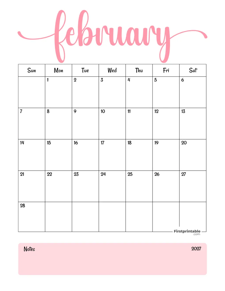 Printable February Calendar 2027 Template 04