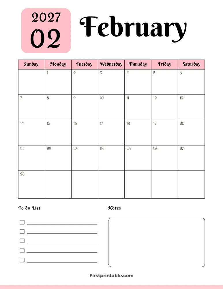 Printable February Calendar 2027 Template 05