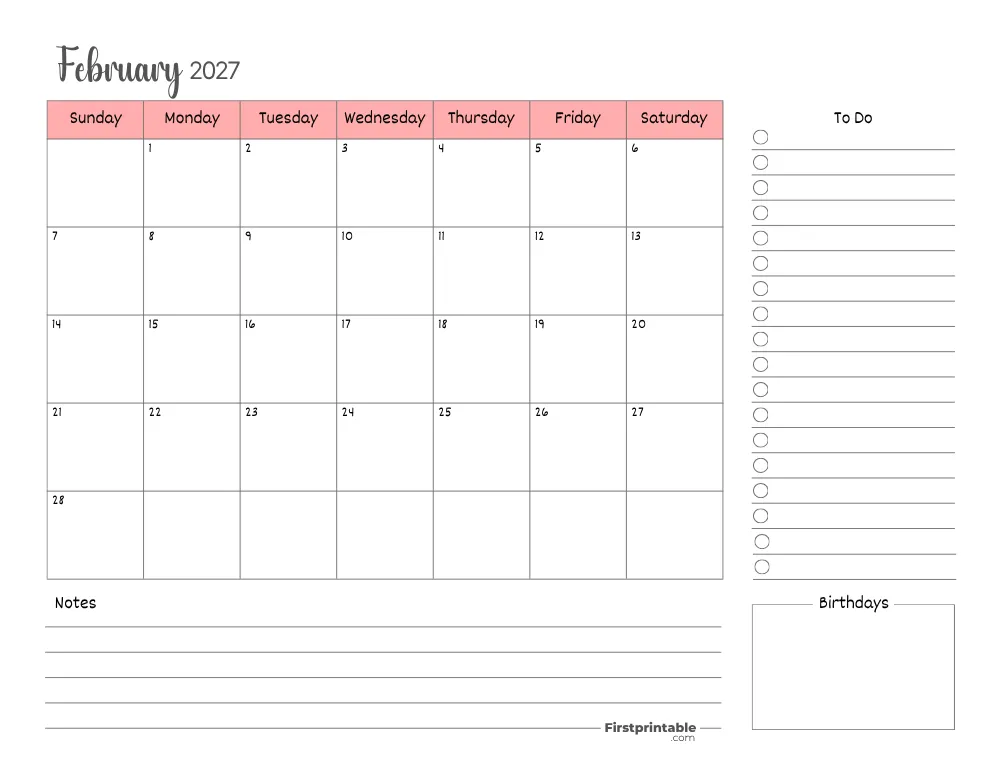 Printable February Calendar 2027 Template 15