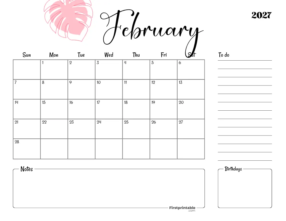 Printable February Calendar 2027 Template 18