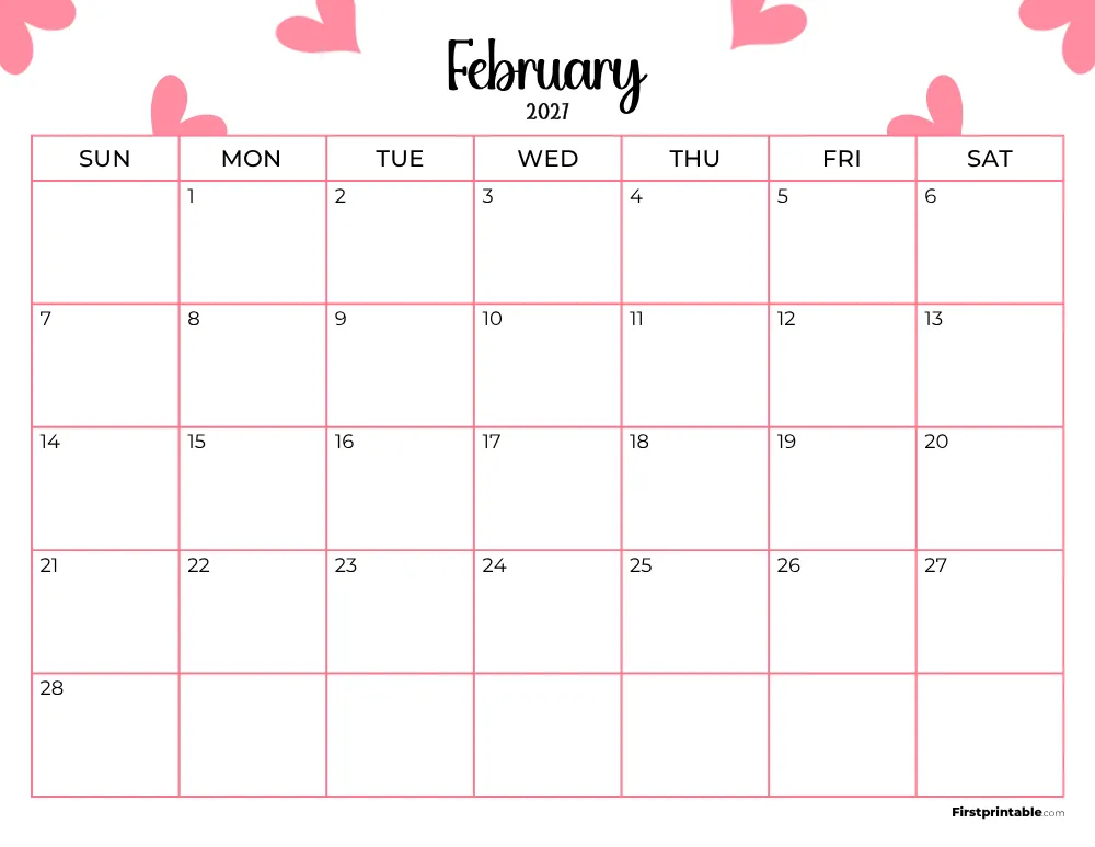 Printable February Calendar 2027 Valentine's Day Template 17