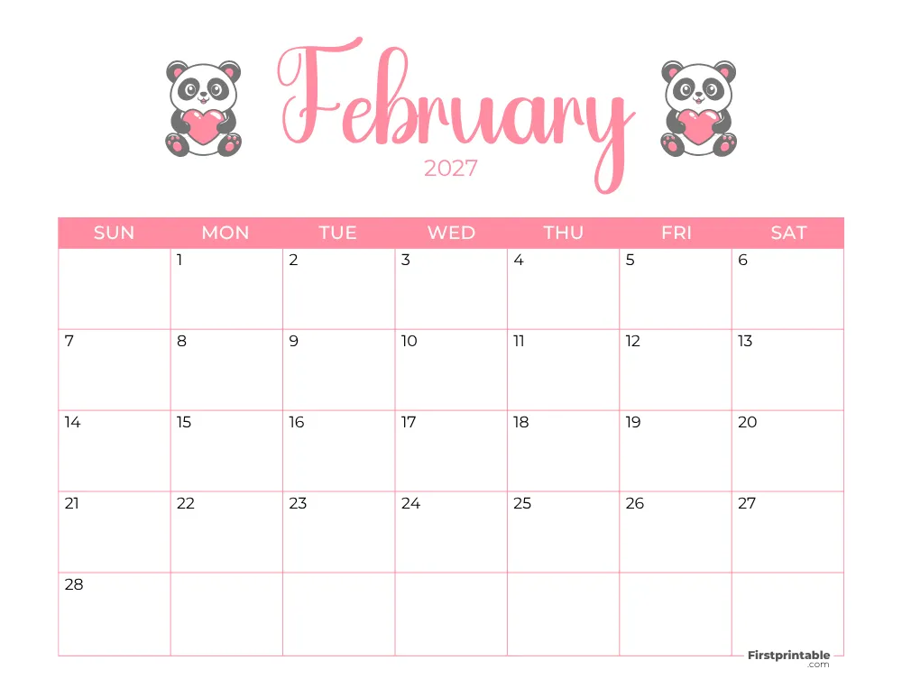 Printable February Calendar 2027 Valentine's Day Template 22