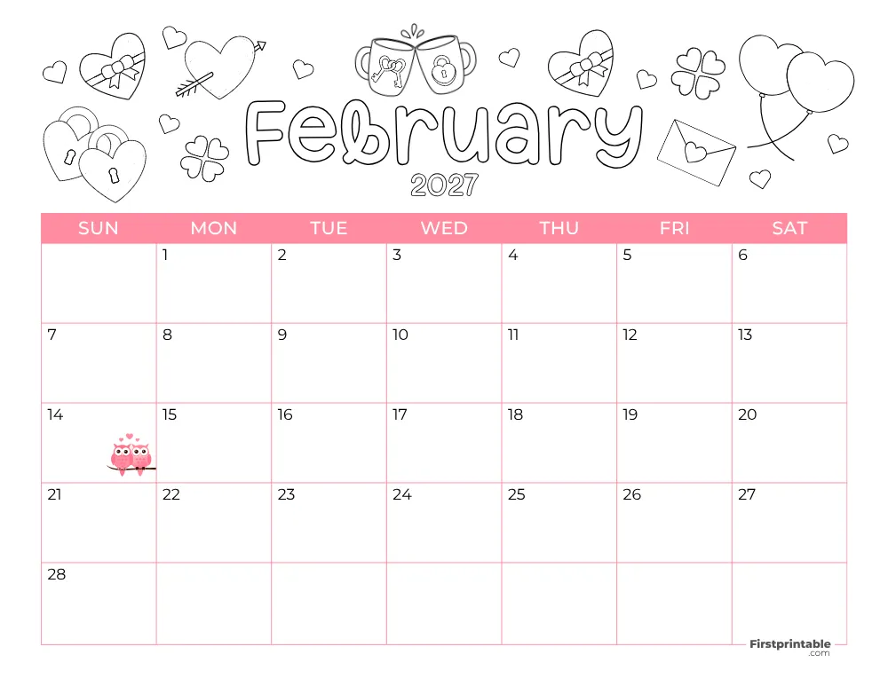 Printable February Calendar 2027 Valentine's Day Template 25