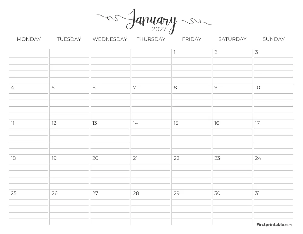 Printable January Calendar 2027 Monday Start Template 26