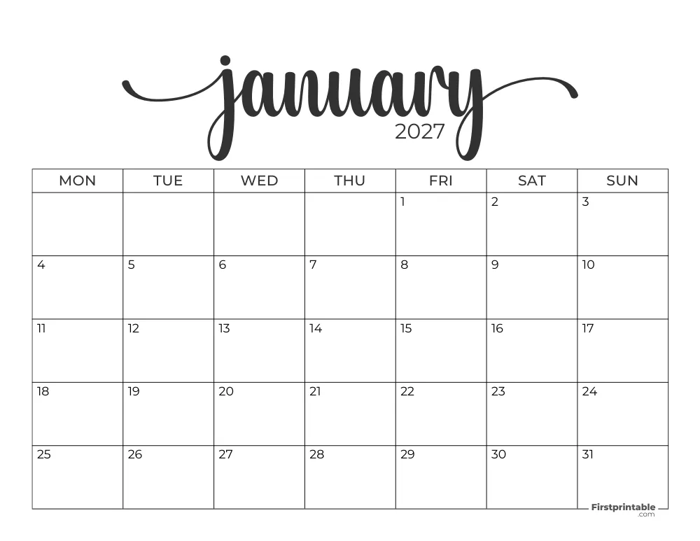Printable January Calendar 2027 Monday Start Template 28