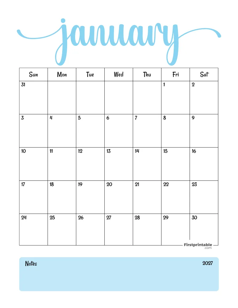 Printable January Calendar 2027 Template 04