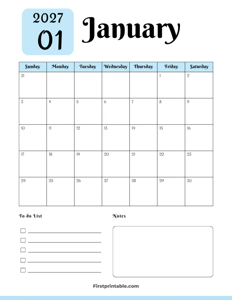 Printable January Calendar 2027 Template 05