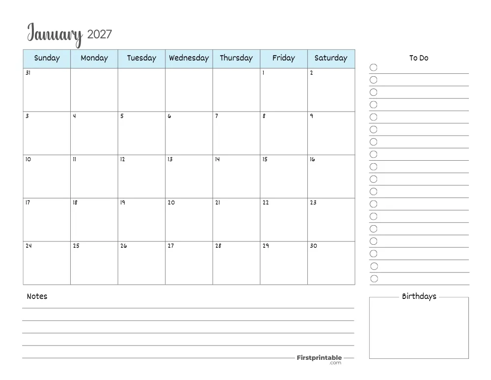 Printable January Calendar 2027 Template 15
