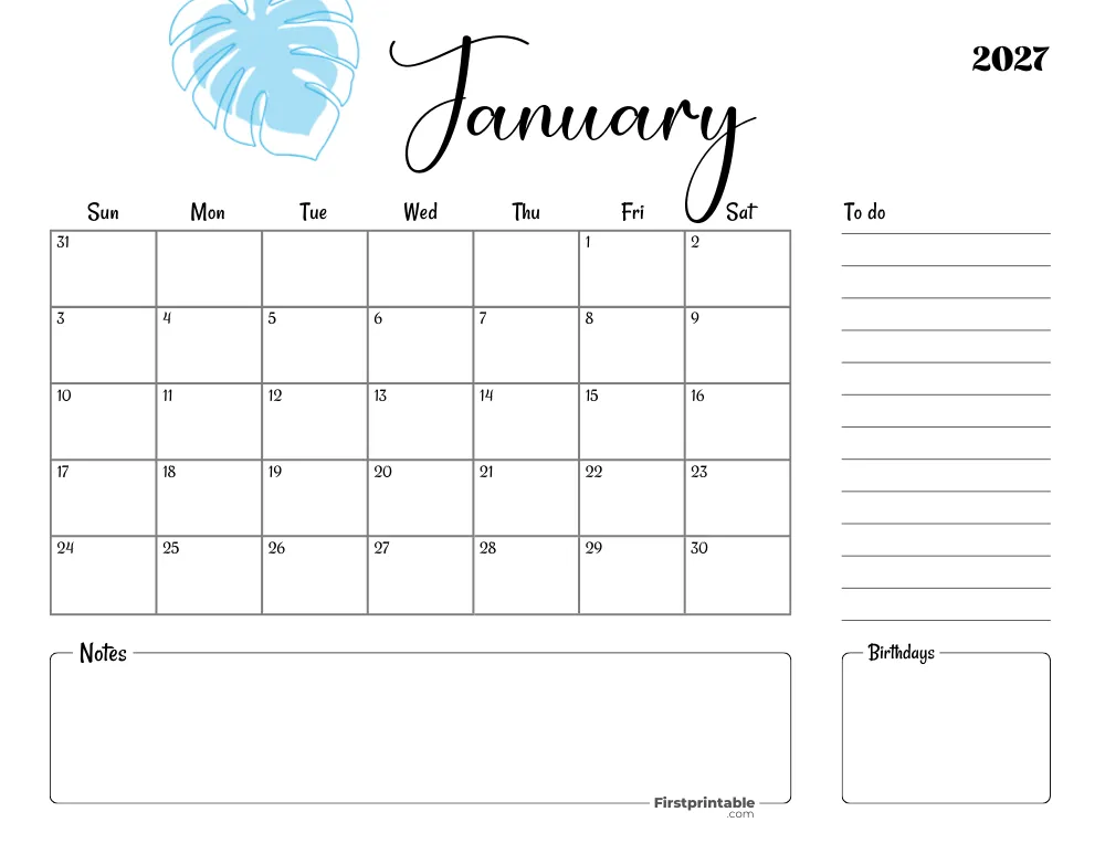 Printable January Calendar 2027 Template 18