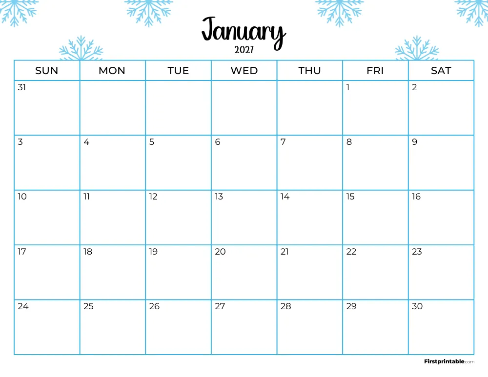 Printable January Calendar 2027 Winter Template 17