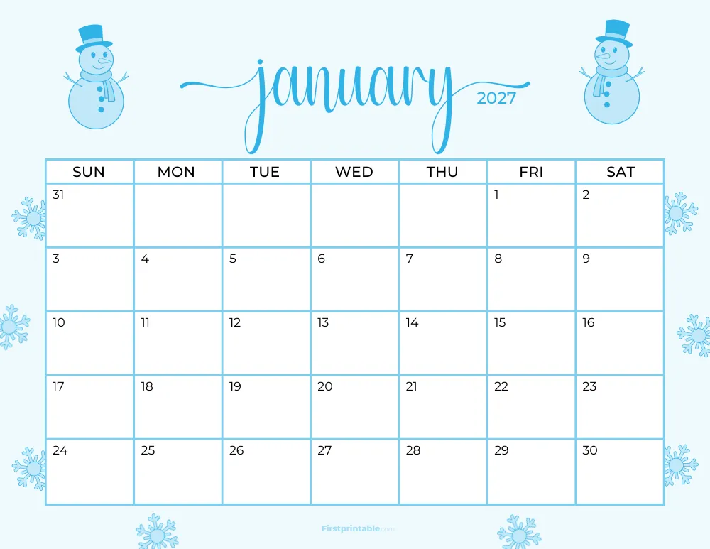 Printable January Calendar 2027 Winter Template 20