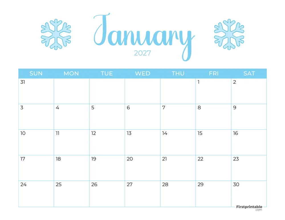 Printable January Calendar 2027 Winter Template 22