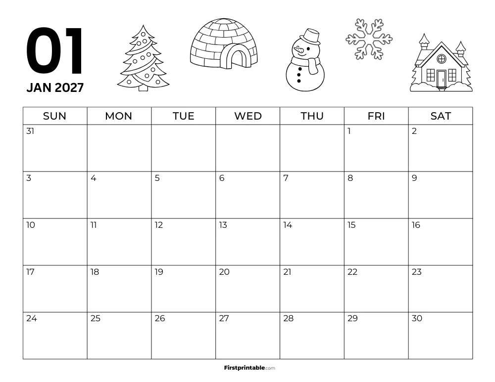 Printable January Calendar 2027 Winter Template 24