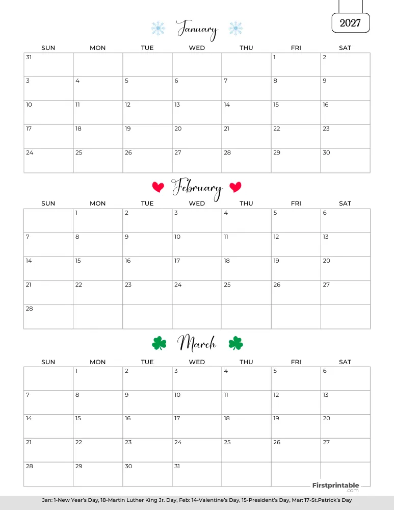Printable Quarterly Calendar 2027 Q1 - Template 01