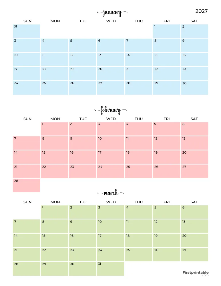 Printable Quarterly Calendar 2027 Q1 - Template 04