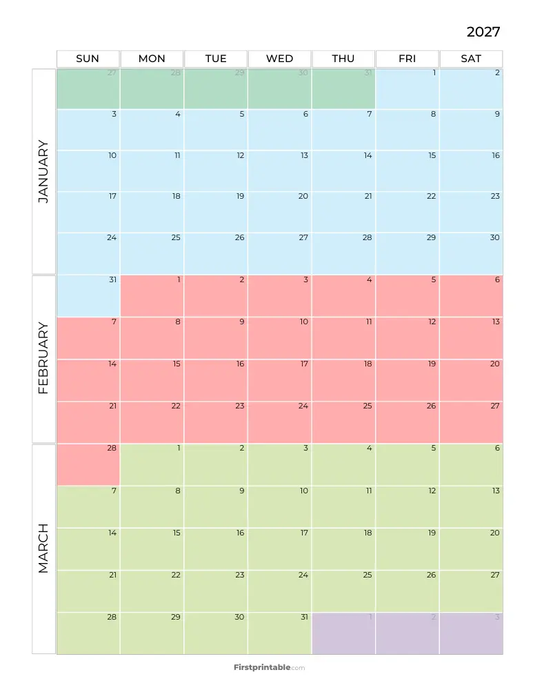 Printable Quarterly Calendar 2027 Q1 - Template 05