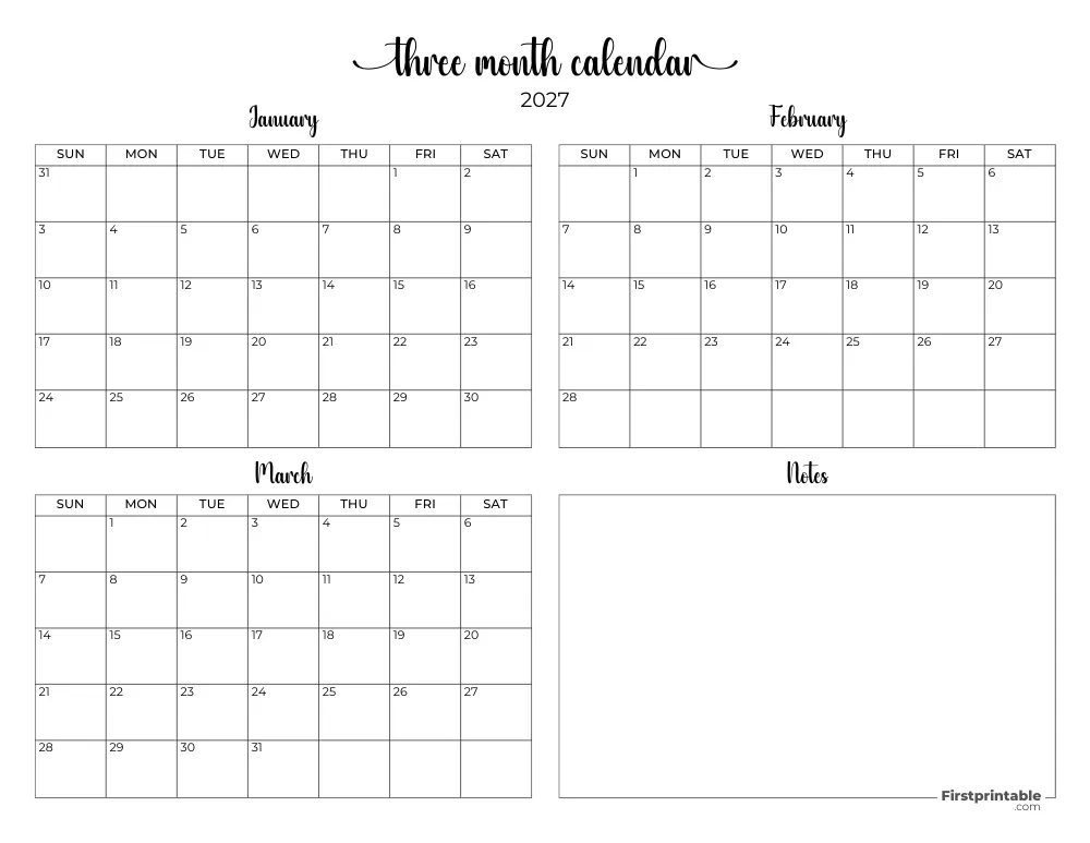 Printable Quarterly Calendar 2027 Q1 - Template 08