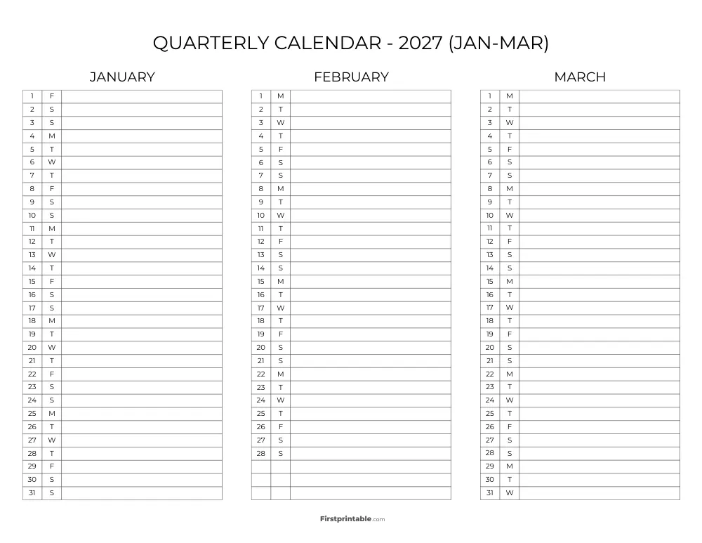 Printable Quarterly Calendar 2027 Q1 - Template 09