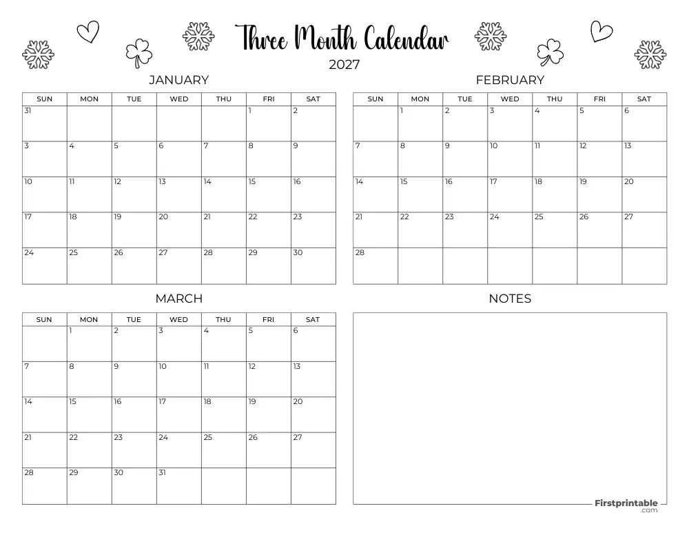 Printable Quarterly Calendar 2027 Q1 - Template 10