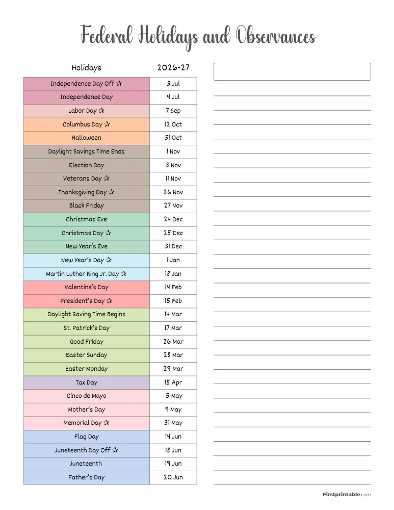 2026 - 2027 Federal Holidays