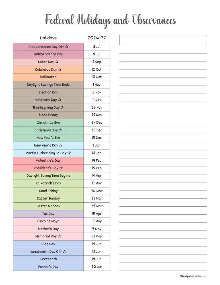 Federal Holidays 2026 - 2027