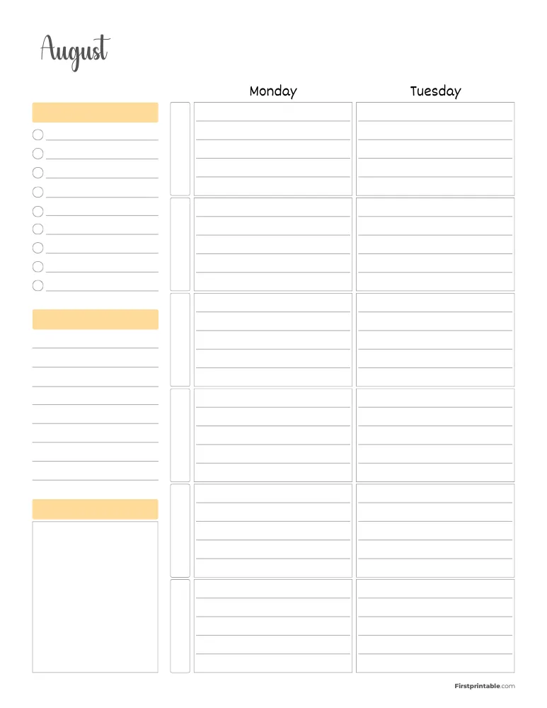 August 2026 Weekly Planner Page 1