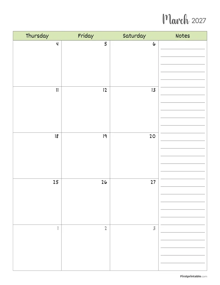 March 2027 Calendar Page 2