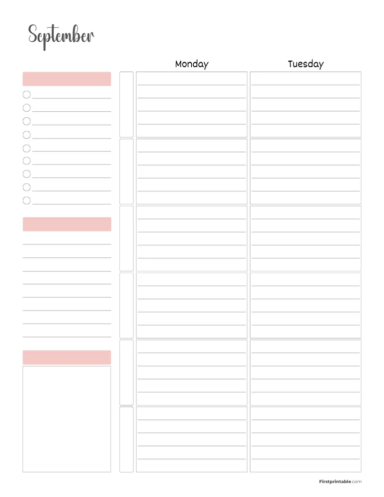 September 2026 Weekly Planner Page 1
