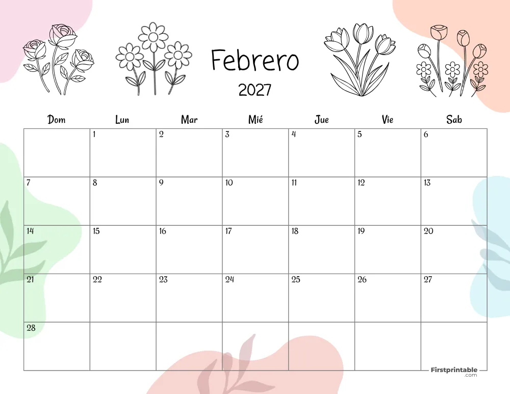 Spanish Printable February Calendar 2027 Template 39