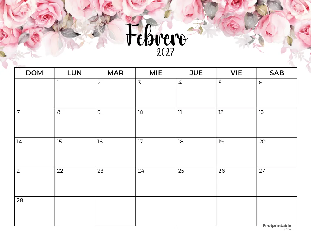 Spanish Printable February Calendar 2027 Template 40