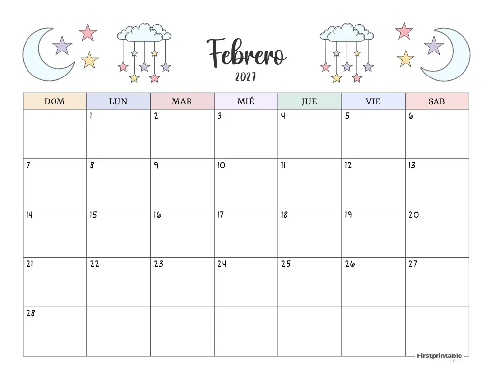 Spanish Printable February Calendar 2027 Template 41