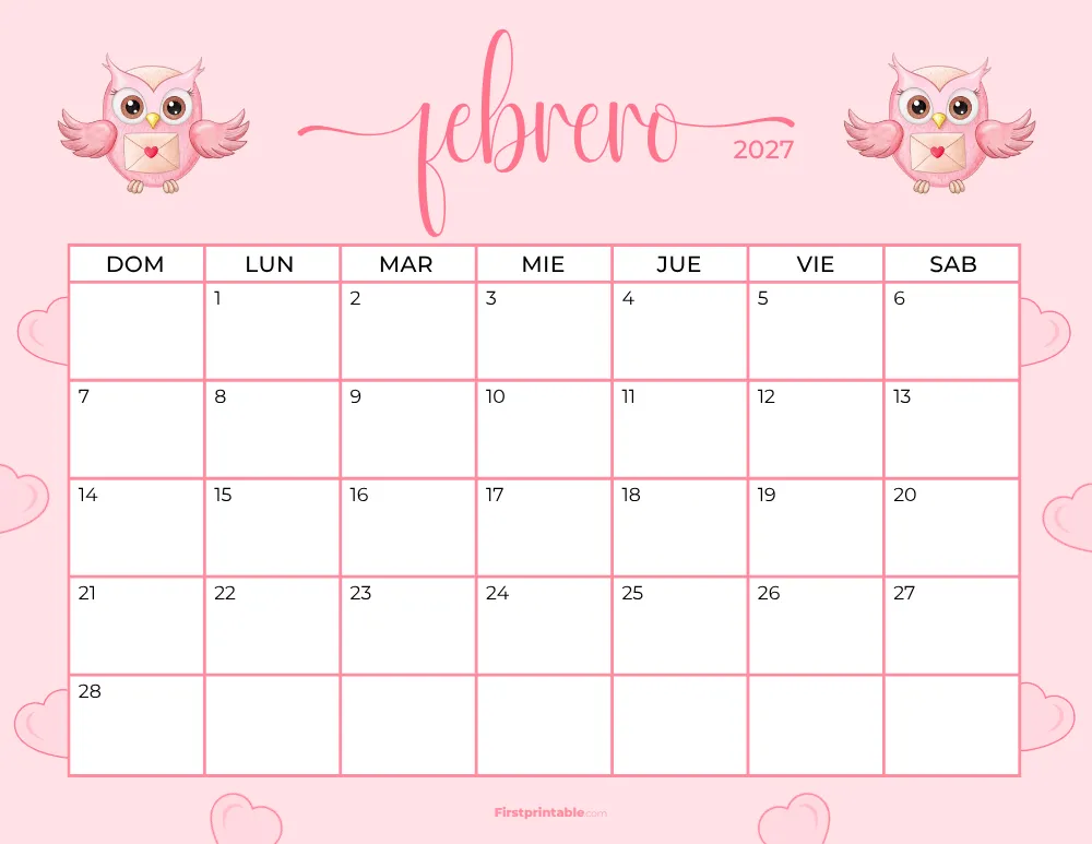 Spanish Printable February Calendar 2027 Valentine's day Themed Template 37