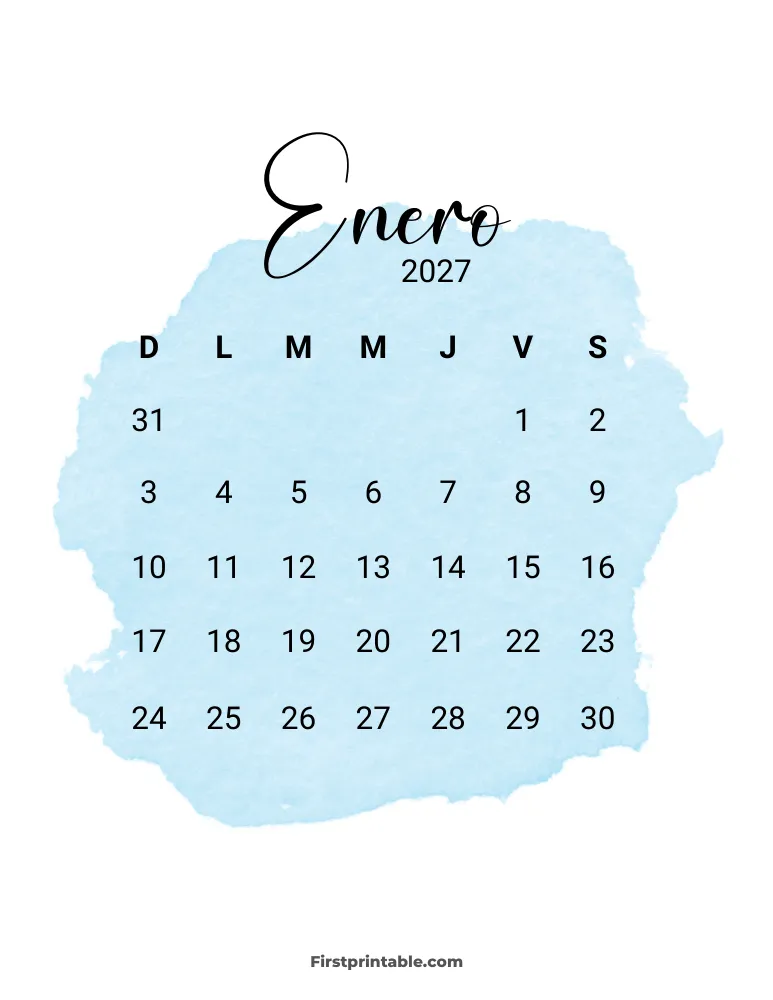 Spanish Printable January Calendar 2027 Template 30