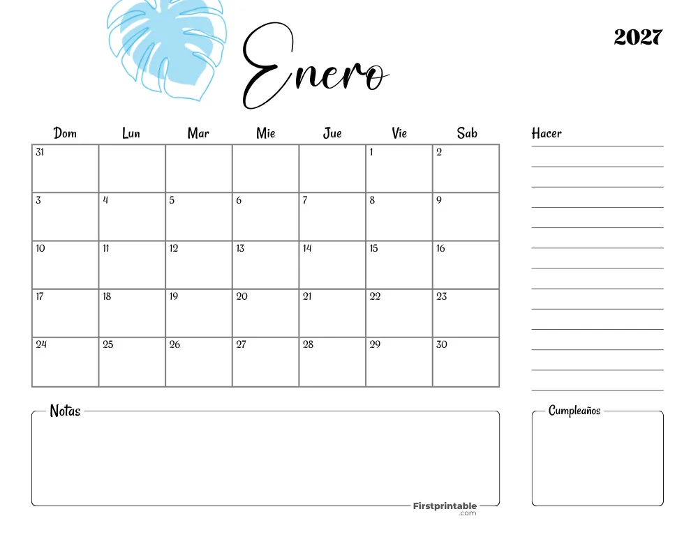 Spanish Printable January Calendar 2027 Template 35