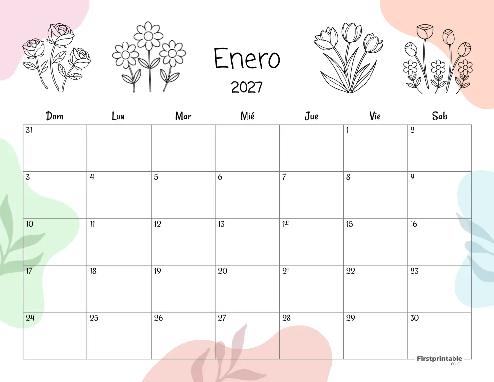 Spanish Printable January Calendar 2027 Template 39