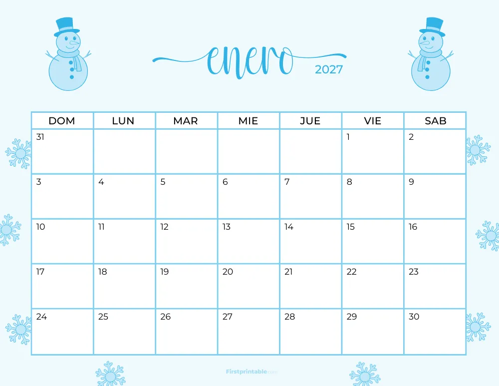 Spanish Printable January Calendar 2027 Winter Template 37