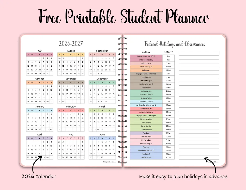 Student Planner 2026 2027 Calendar and Federal Holidays