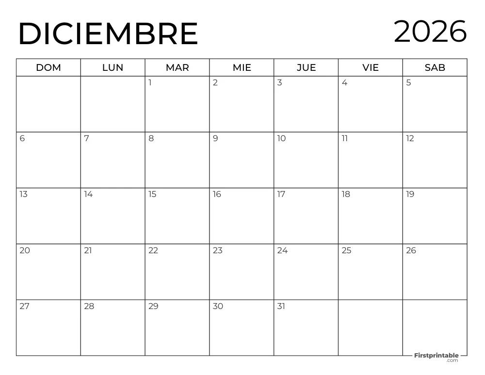 Calendario 2026 para imprimir de diciembre