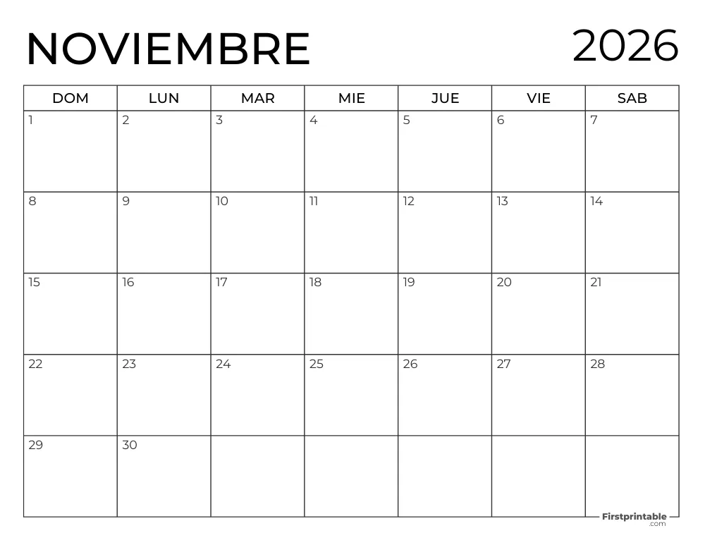 Calendario 2026 para imprimir de noviembre