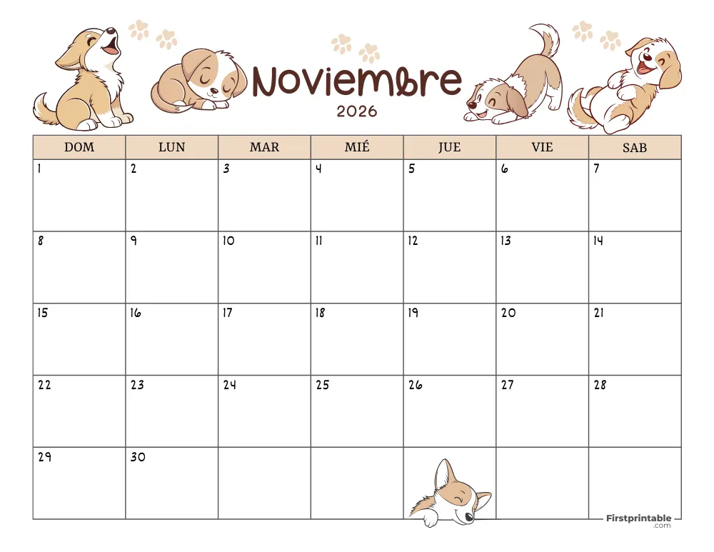 Calendario de Noviembre de 2026 con temática de perros 01
