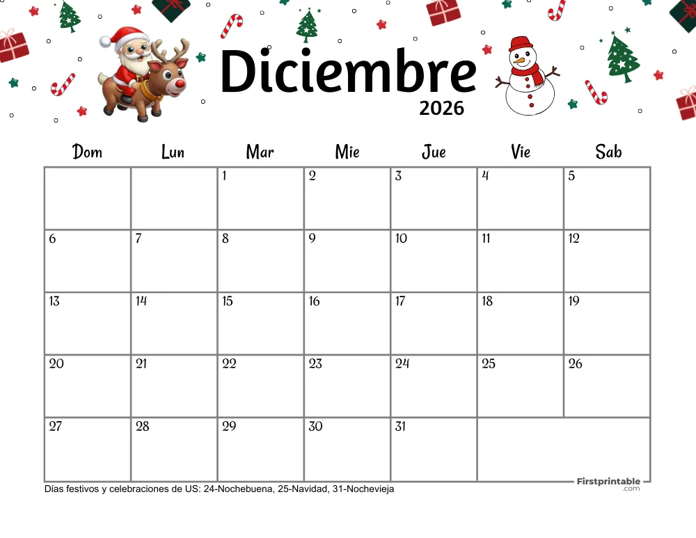 Calendario de diciembre de 2026 - Tema navideño