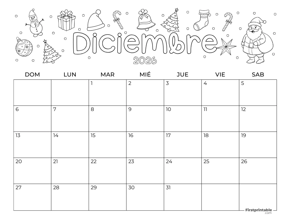 Calendario de diciembre de 2026 - Temática navideña