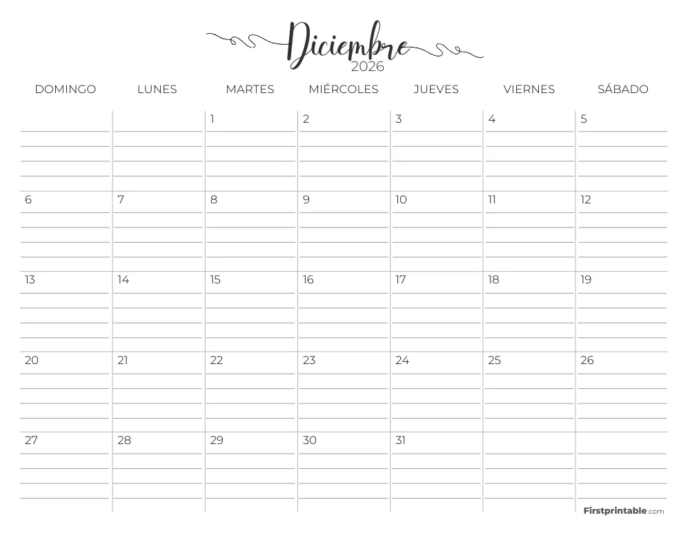 Calendario de diciembre de 2026 con líneas 02