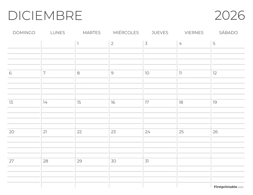 Calendario de diciembre de 2026 con líneas