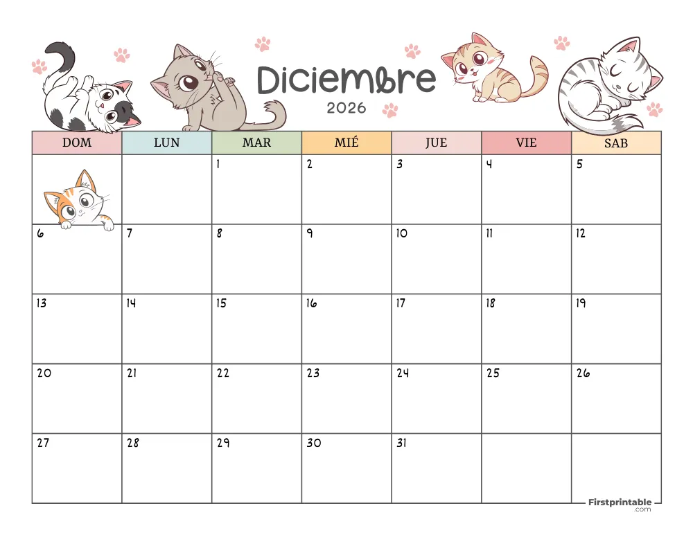 Calendario de diciembre de 2026 con temática de gatos 01