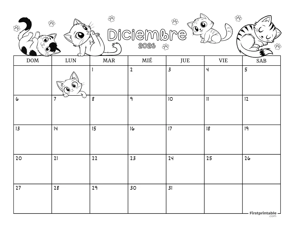 Calendario de diciembre de 2026 con temática de gatos 02
