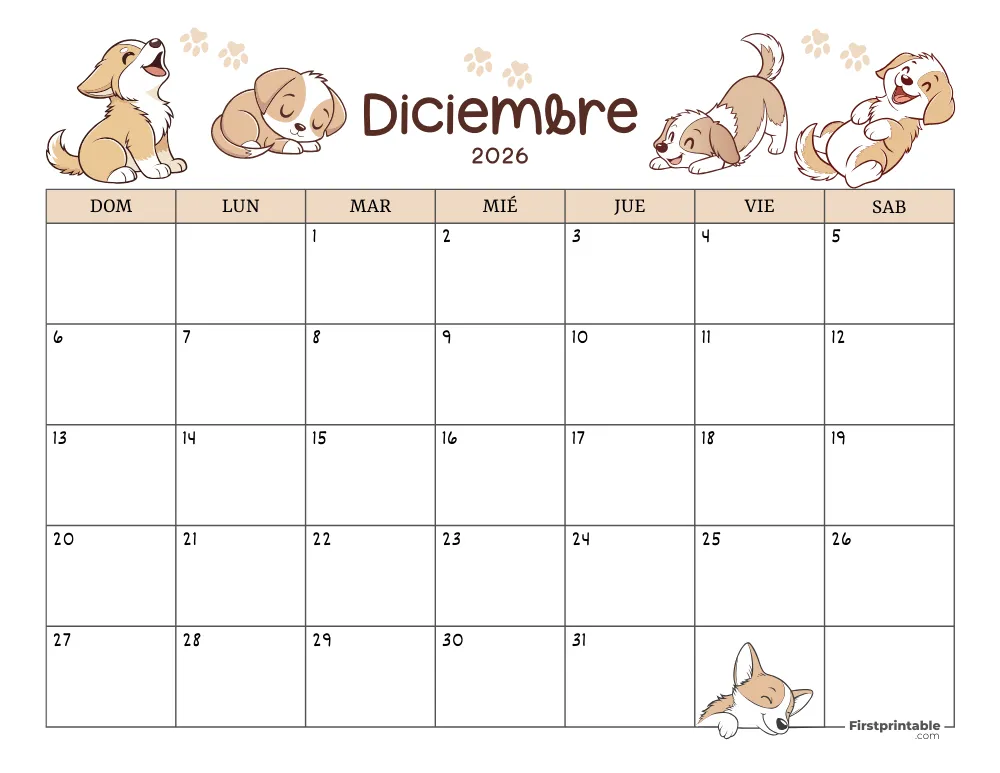 Calendario de diciembre de 2026 con temática de perros 01
